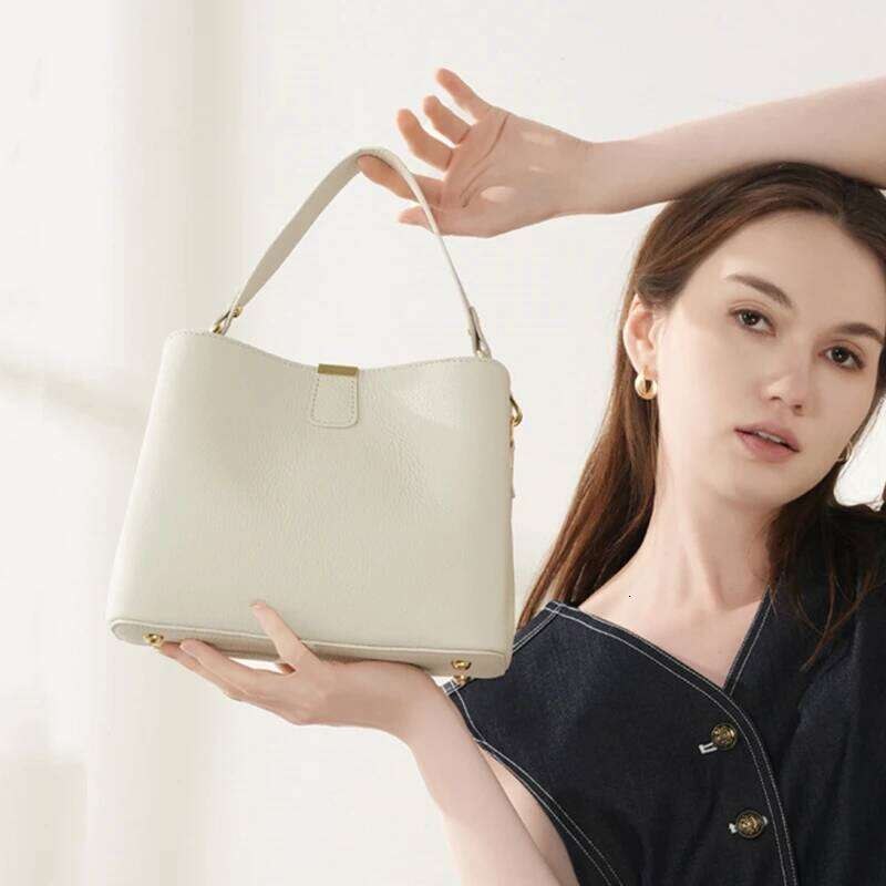 Hifashion Cow Genuine Leather Bucket Shoulder Crossbody Bags For Women Designer Wide Strap Tote Ladies Handbags