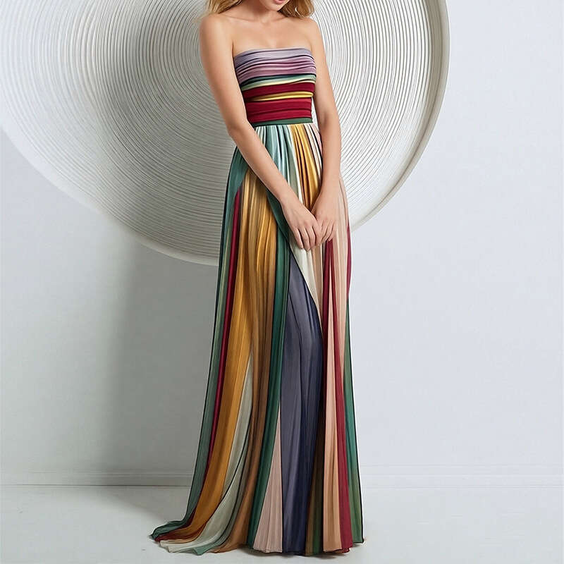 2026 Spring New Collection: Cross-Border European American Foreign Trade Women's Clothing - Elegant and Sexy Strapless Printed Colorful Formal Dr