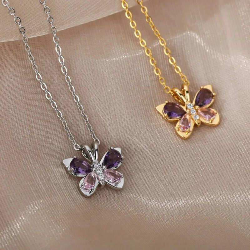 Cute Butterfly Necklace For Women Stainless Steel Crystal Purple Zircon Aesthetic Charms Collar Choker Jewelry Party