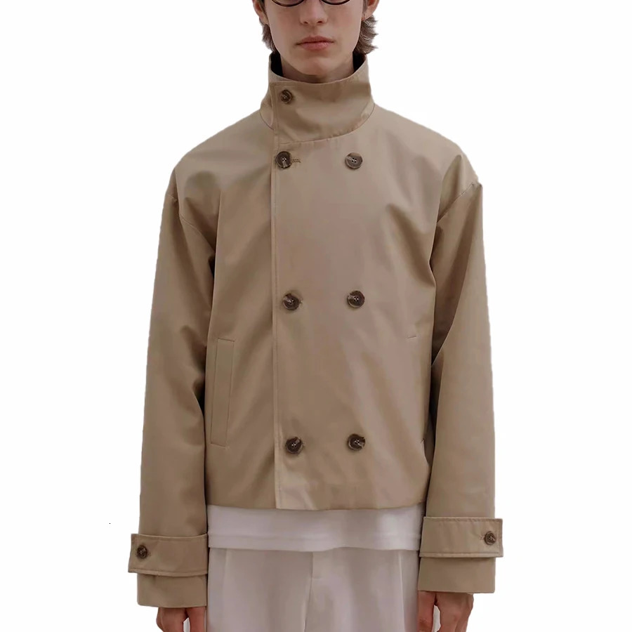 Mauroicardi Spring Autumn Khaki Short Trench Coats Man Stand Collar Double Breasted Elegant Chic Clothes 260327