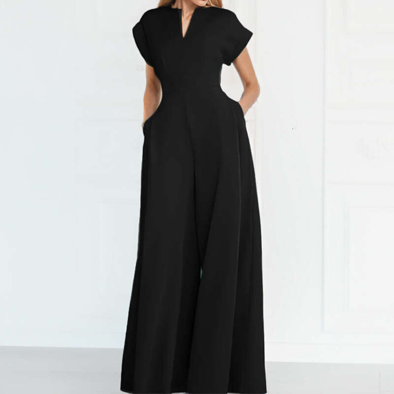 2026 Spring New Collecion: Cross-Border European American Foreign Trade Women's Clohing - Fashionable and Elegan V-Neck Solid Color Slim-Fi Wide-