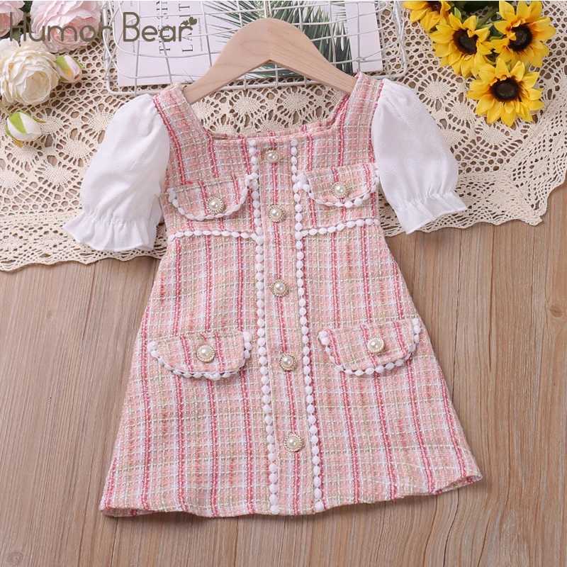 Humor Bear Kids Clothes Checked Pearl Buckle Floral Dress Cute Princess Dress Puff Sleeves With Small Fragrance DressT260330