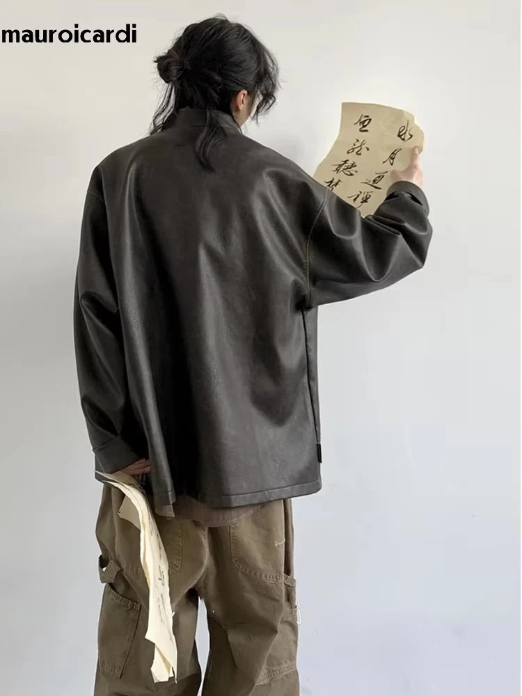 Mauroicardi Spring Cool Oversized Vintage Distressed Pu Leather Jacket Men Elegant Chinese Style Clothes 260327