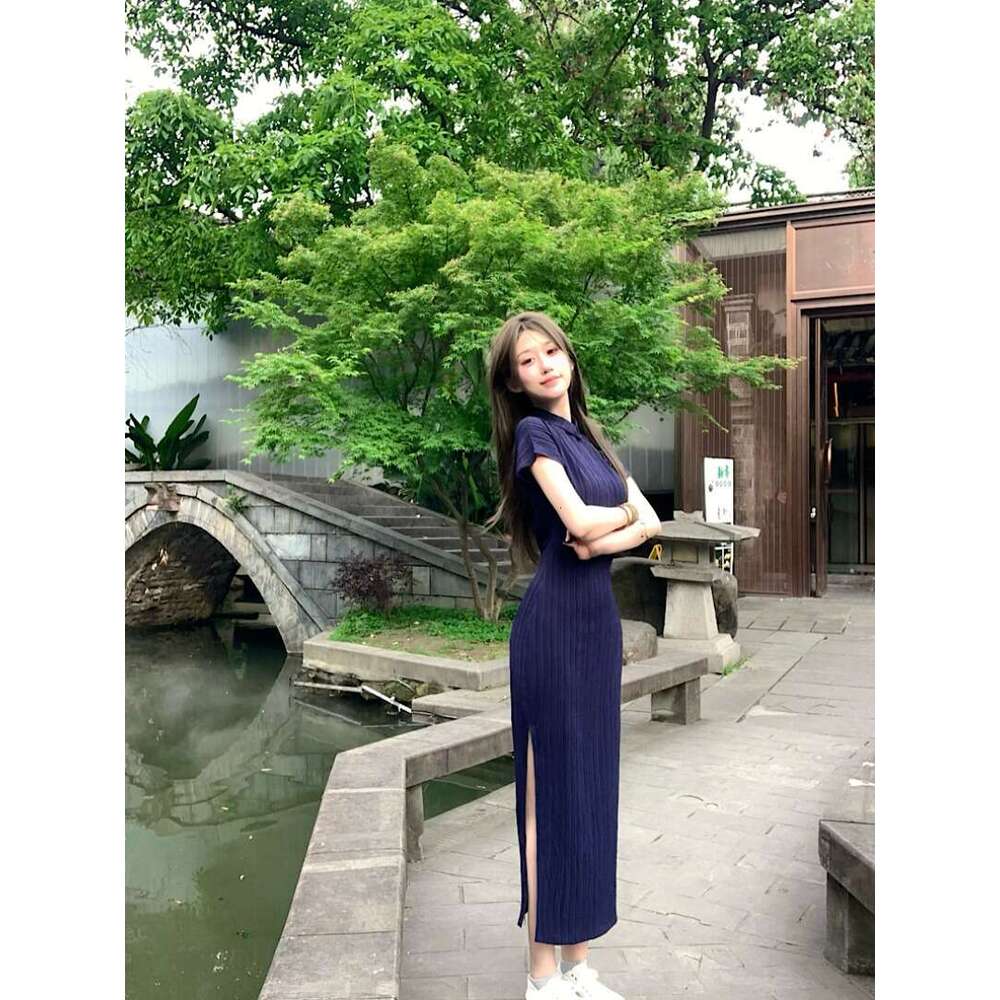 Improved Cheongsam Button Short Sleeve For Women Summer New Chinese National Style Slim Fit Split Waist Bodycon Long Dress Qipao Hanfu Silk