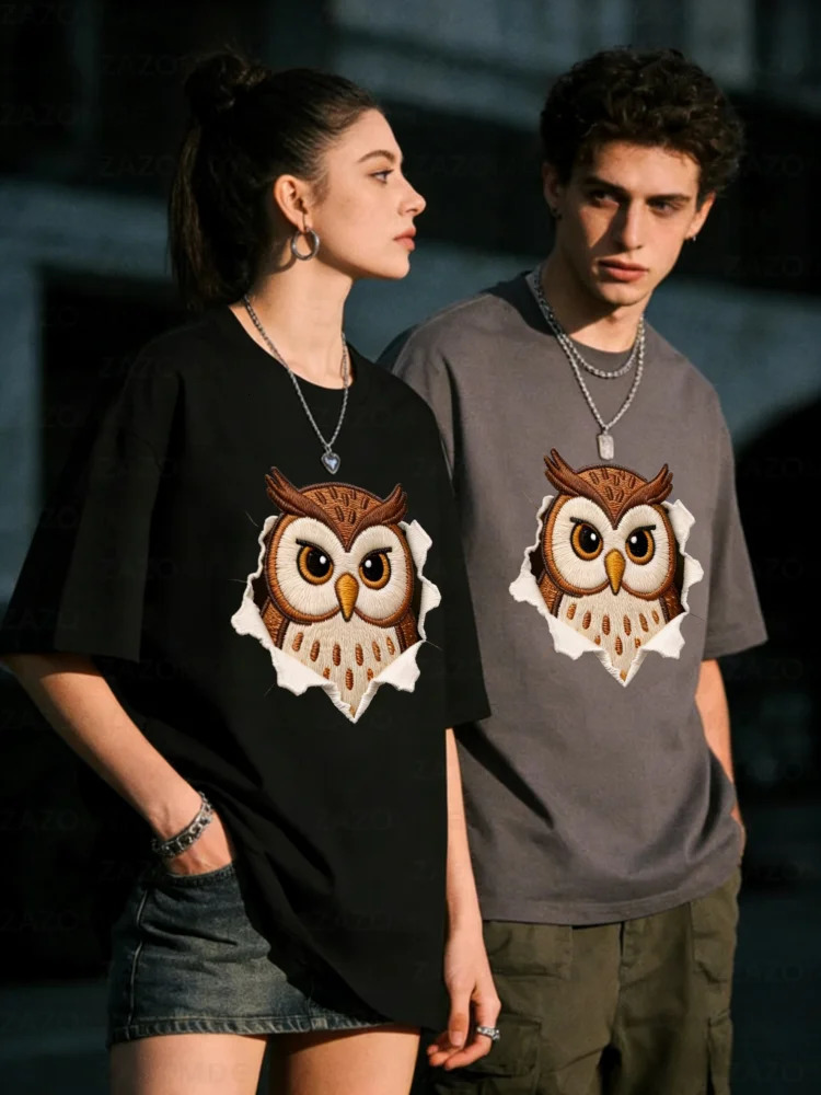 ZAZOMDE Oversized Short Sleeve Cotton Tshirt Owl Graphic Print Men Women High Street Streetwear Loose Fit Casual Daily Wear 260312