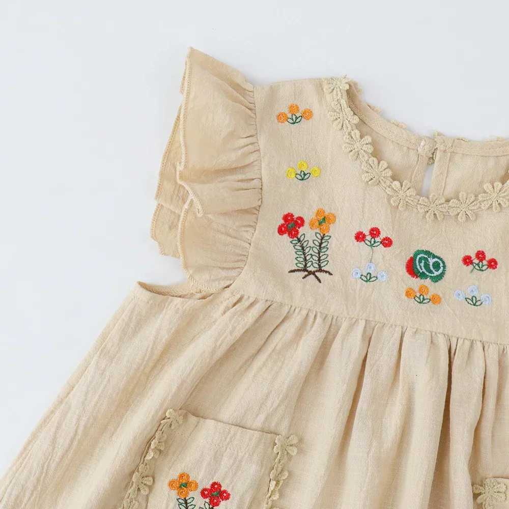 Summer Clothing Khaki Embroidered Ruffle Edge Dress Sleeveless Lace Round Neck Pocket Dress Vacation Style Girls DressT260330