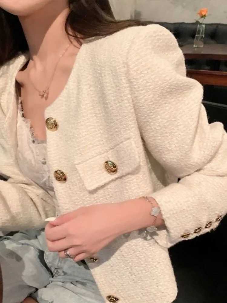 Simple Solid England Tweed Jacket Women Elegant Buttons Long Sleeve Sweet Coat Casual O Neck Fashion Loose Fall Winter TopT260328