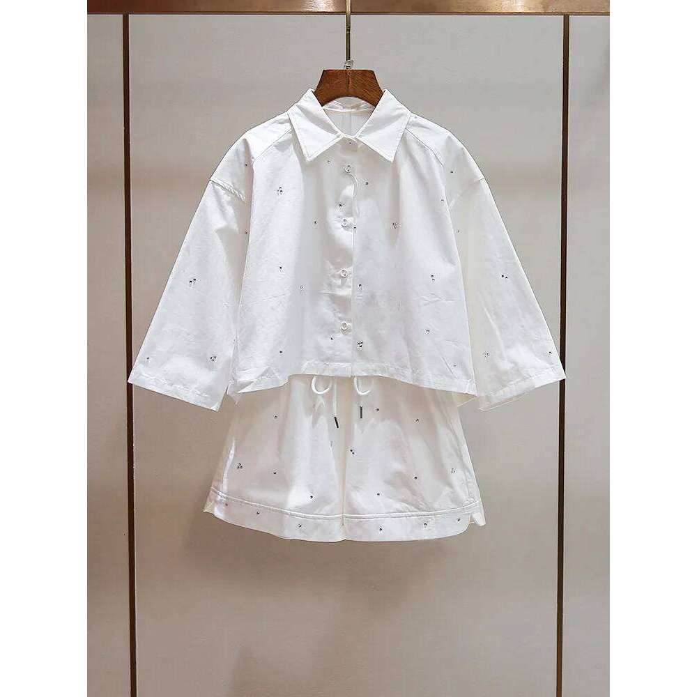 Summer New Women Nail Bead Collar Irregular Shirt Top+A-Line Wide Leg Shorts Set Mdng260330