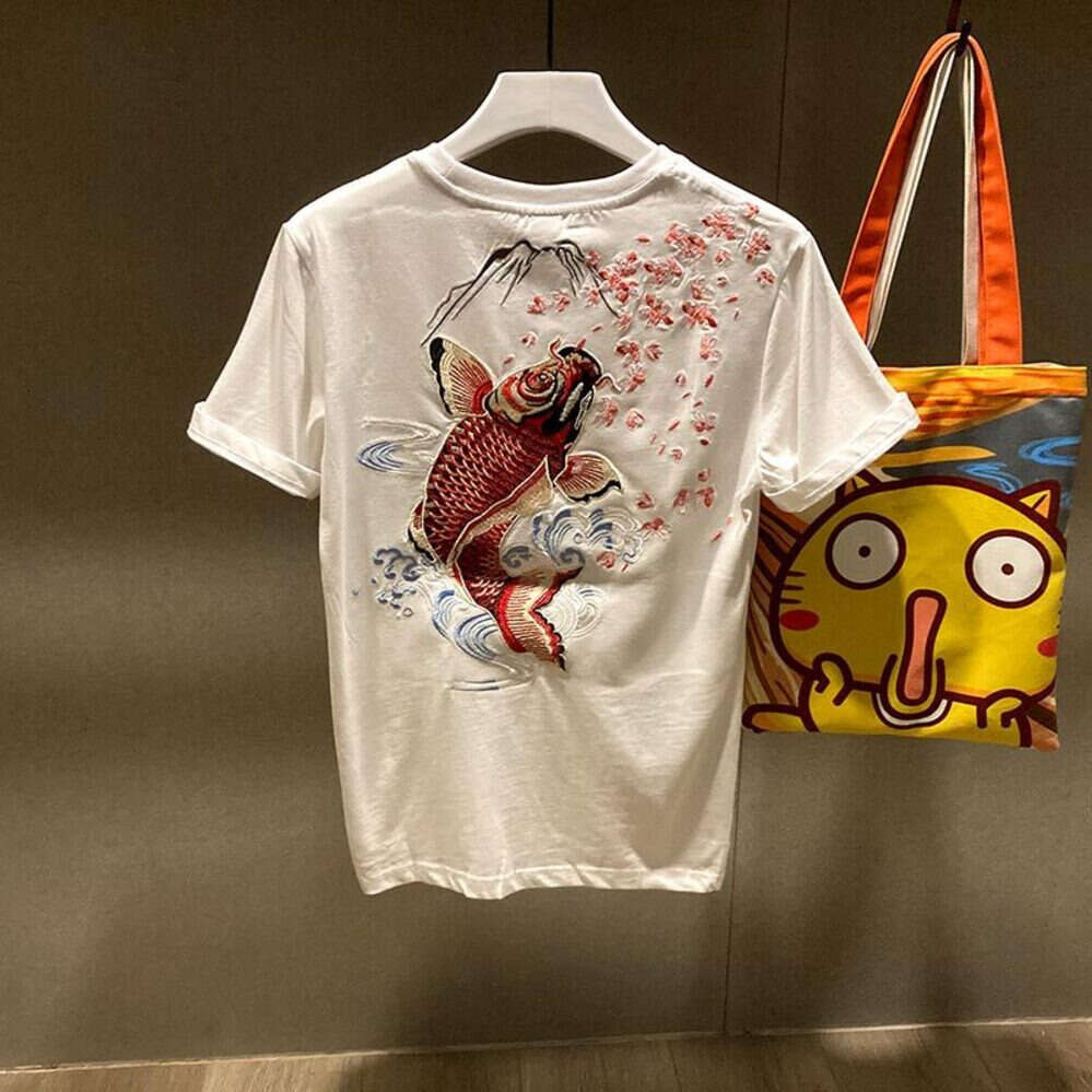 ZHE HAN Trendy Embroidered Summer Short-Sleeve T-Shirt For Men, Japanese Street Style, Cool Stylish Men's Top, Casual And Sophisticated