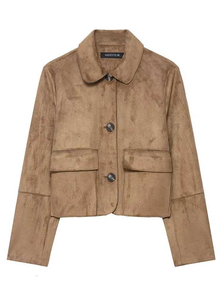 HH Women Vintage Solid Suede Coat Lapel Single Breasted Long Sleeve Jacket With Pockets Autumn Casual Outwear Short JacketsT260328