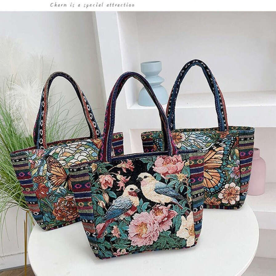 New Cartoon Embroidered Woven Jacquard Canvas Handbag, Large Capacity Cute Shoulder Tote Bag For Students Practical Package