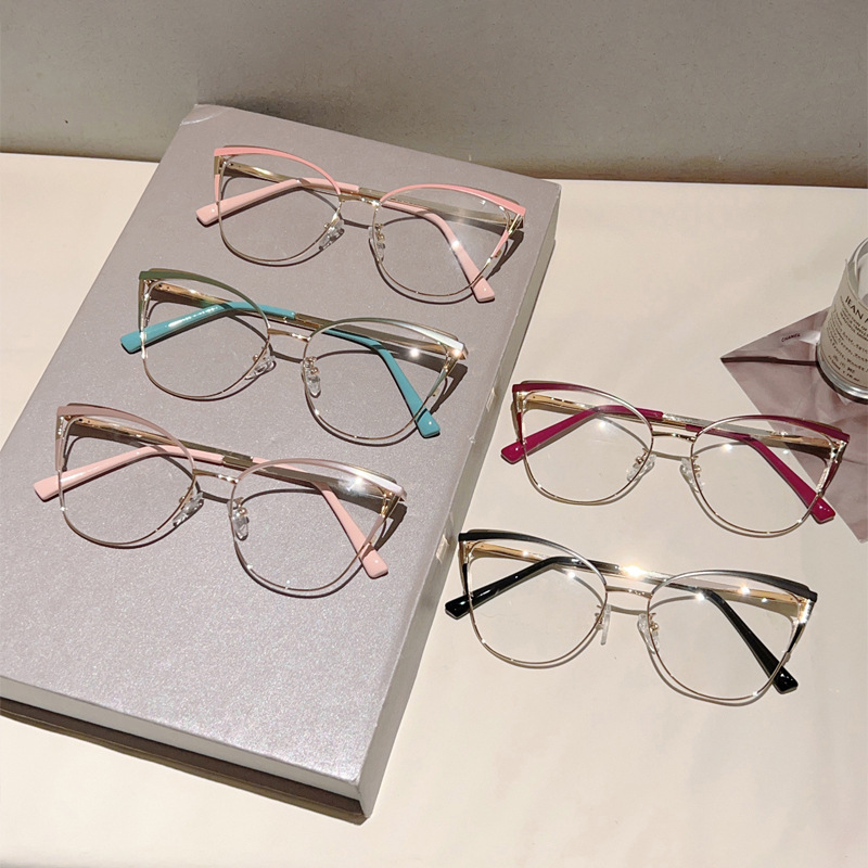 New cross-border cat eye plain high-end anti blue light glasses with metal frame for business and office use, compatible with prescription flat lenses