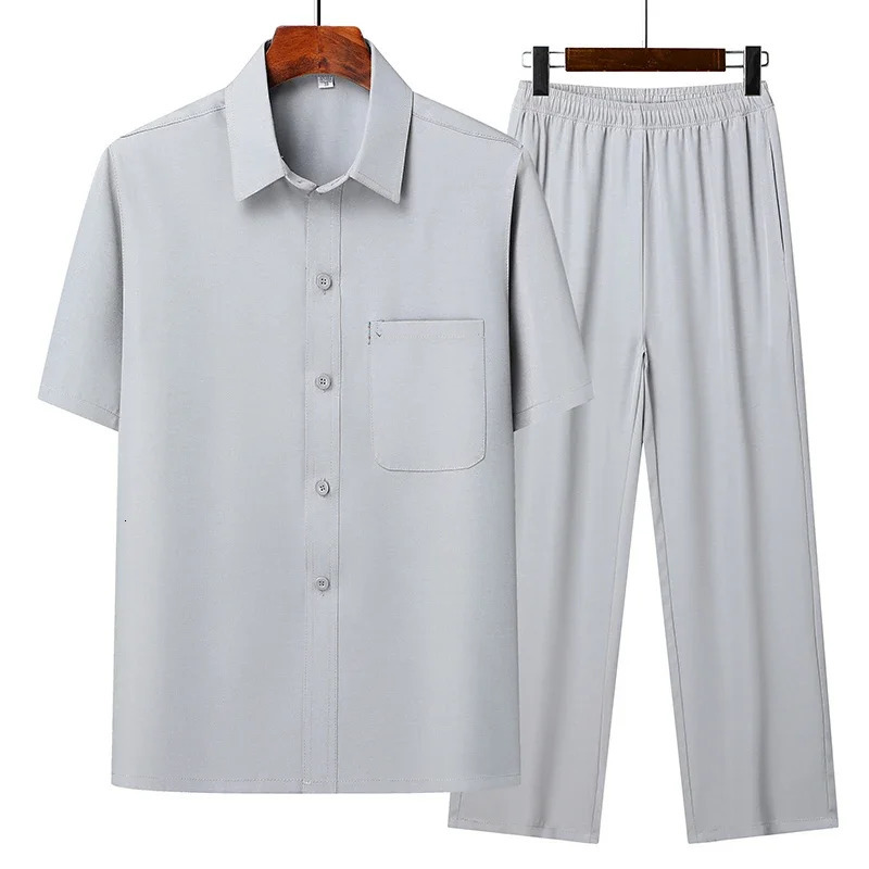 Top Pants Summer Leisure All Match Middle-aged and Old Dad Men Fashion Trend Grandpa Loose Lapel Half-sleeve Shirt Set 260330