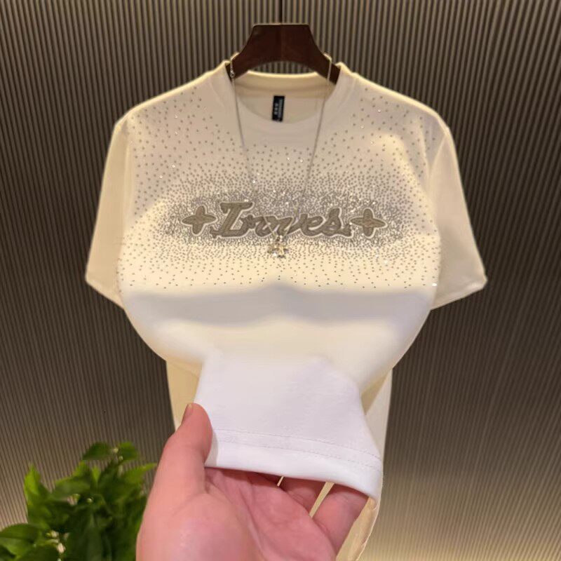 2026 New Style Men's Round-neck Short-sleeved T-shirt Featuring Crystal Decorations Designer Short-sleeved Multi-functional Letter Print Solid Co - view 4