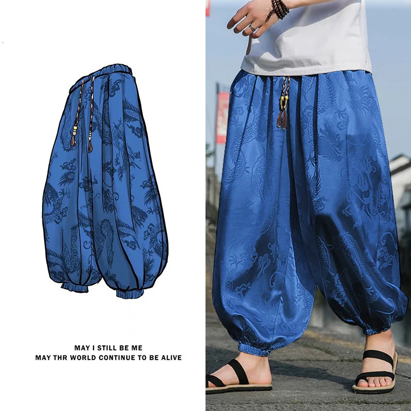 FGKKS Outdoor Pants For Men Lce Silk Dragon Dark Flower Loose Bloomers High Quality Wide Leg Casual Trousers Male 260330