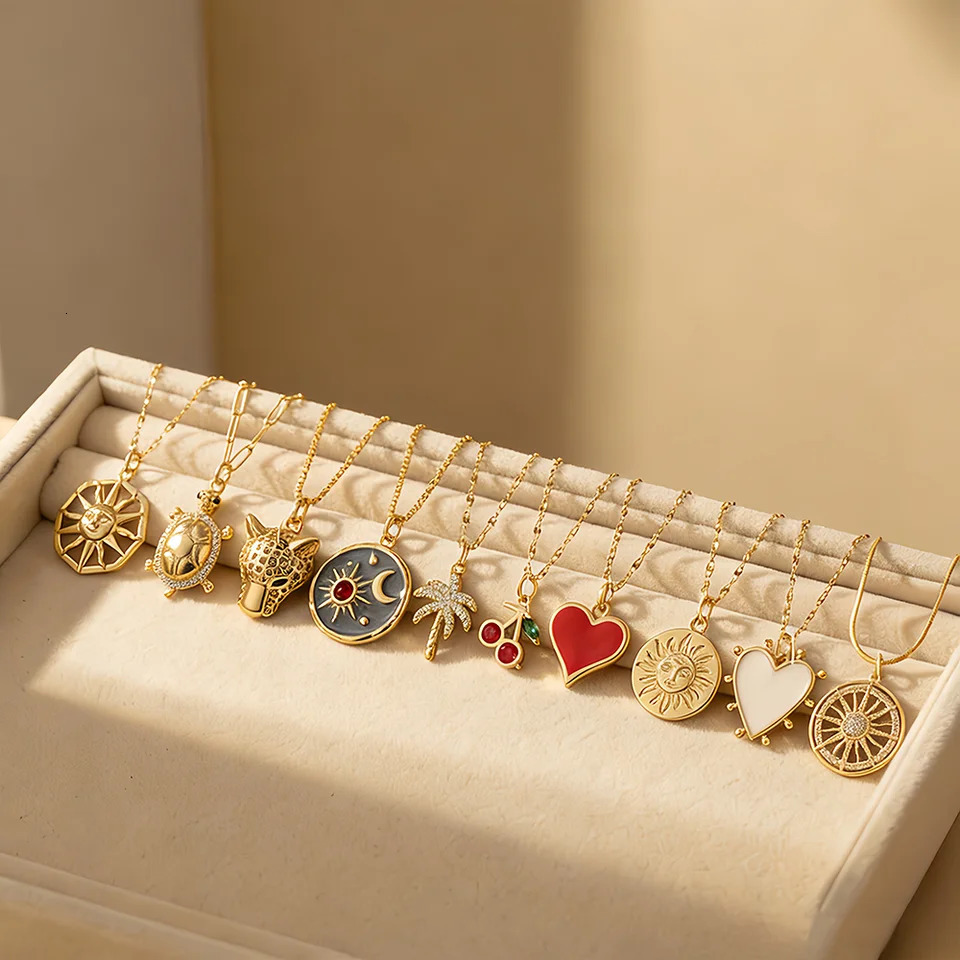 Cute Sun Heart Necklace for Women Tree Flower Pendant Long Stainless Steel Chain Collars Gold Color Choker Office Lady Party 260327