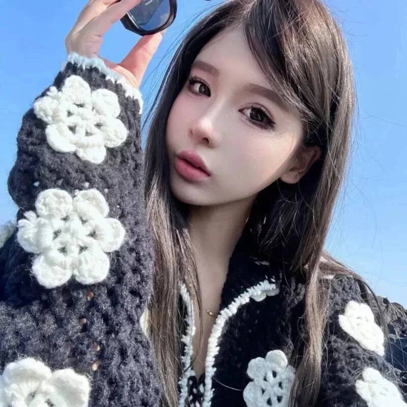 3D Knitted Cardigan Korean French Retro Small Fragrance Tied Jacket Women Outerwear Flower Collar Sweater Top New