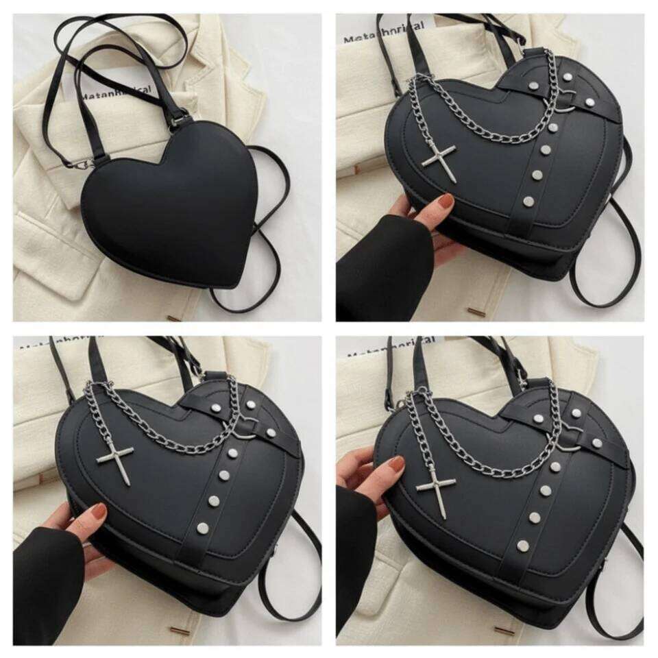 Y K PU Leather Black Shoulder Chain Rivet Large Capacity Gothic Tote Portable Heart Shaped Women Crossbody Bag Girls Liksusie
