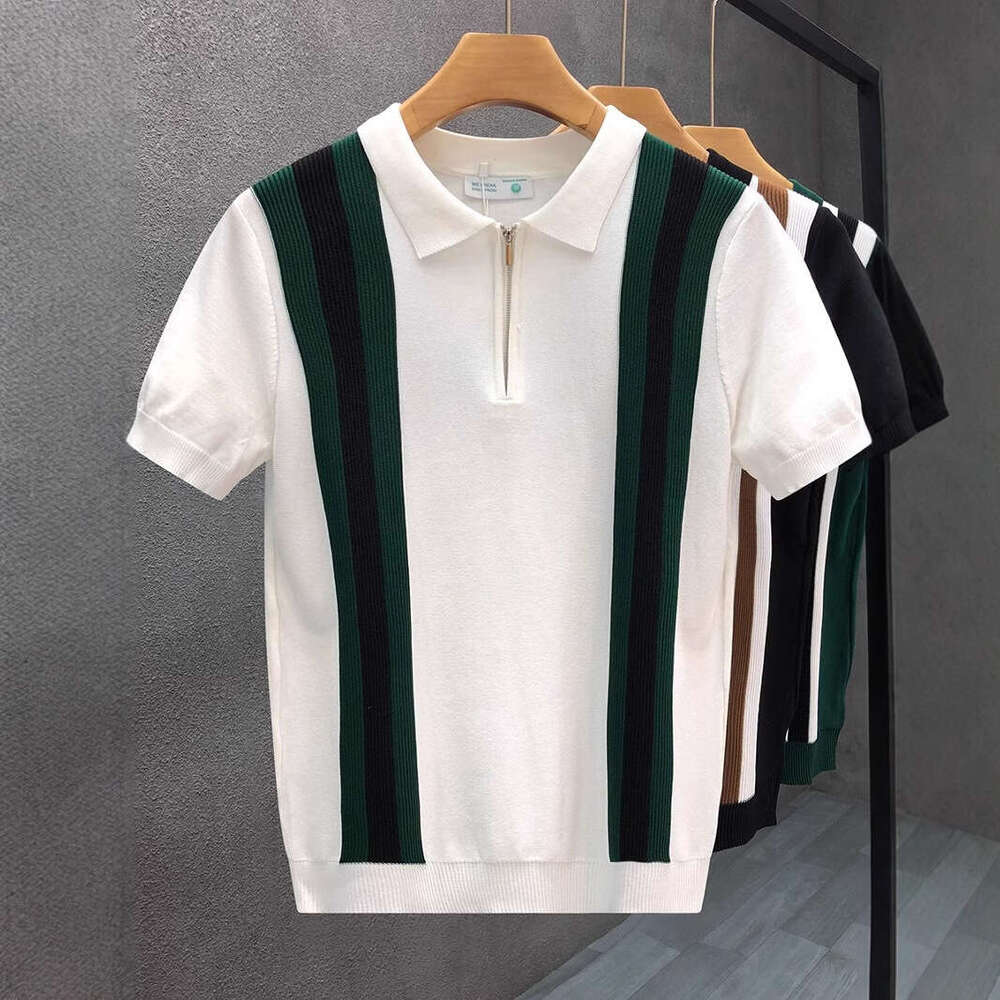 luxury New Summer Color Block Half-Zip Polo Shirt for Men, Thin Knit Short-Sleeve T-Shirt with Turn-Down Collar