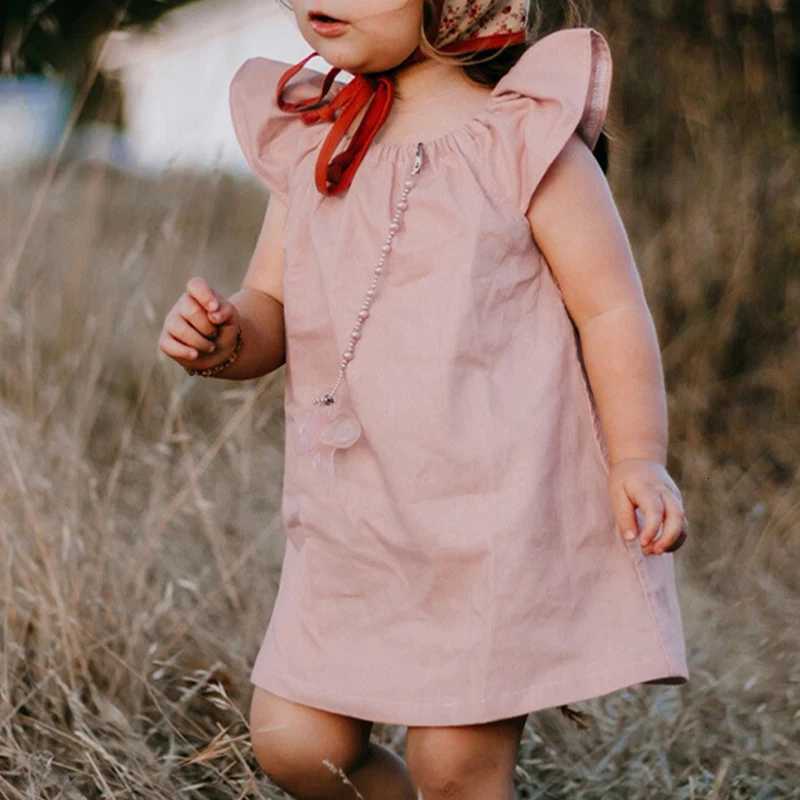 Girls Dresses Summer New Linen Bamboo Fiber Blend Solid Color Cute Little Flying Sleeve Princess Dresses Childrens ClothingT260330