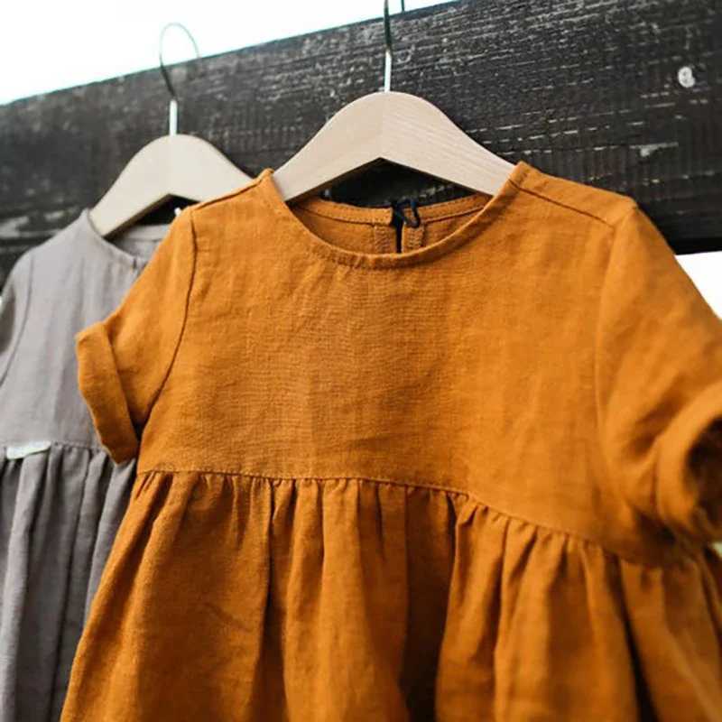 New Fashion Girls 100 Cotton Dress Solid Color Childrens Casual Short-Sleeve Pleated Dresses WT016T260330