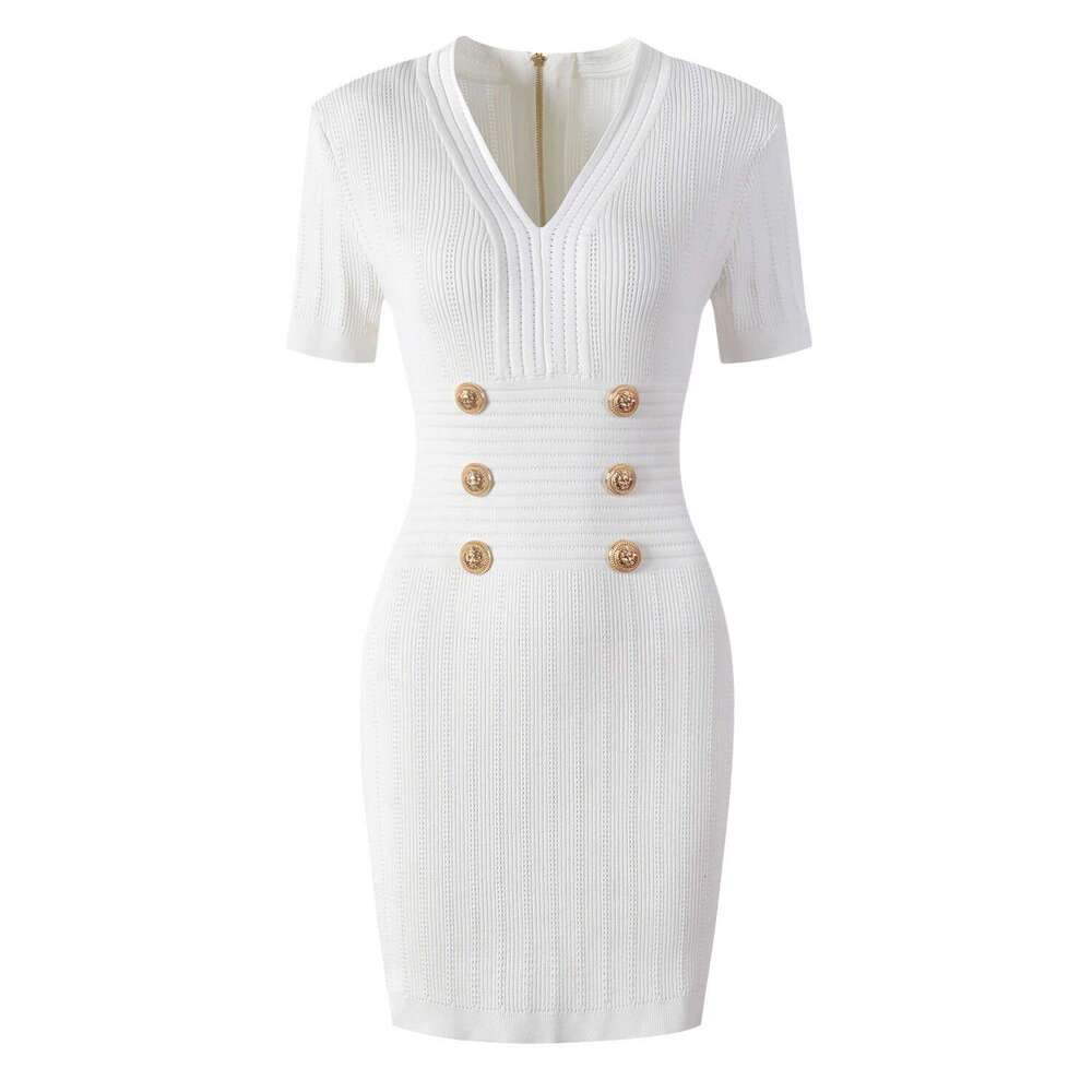 European and American D7 new fashion designer high-quality knitted fabric V-neck slim fit short sleeved dress 2026