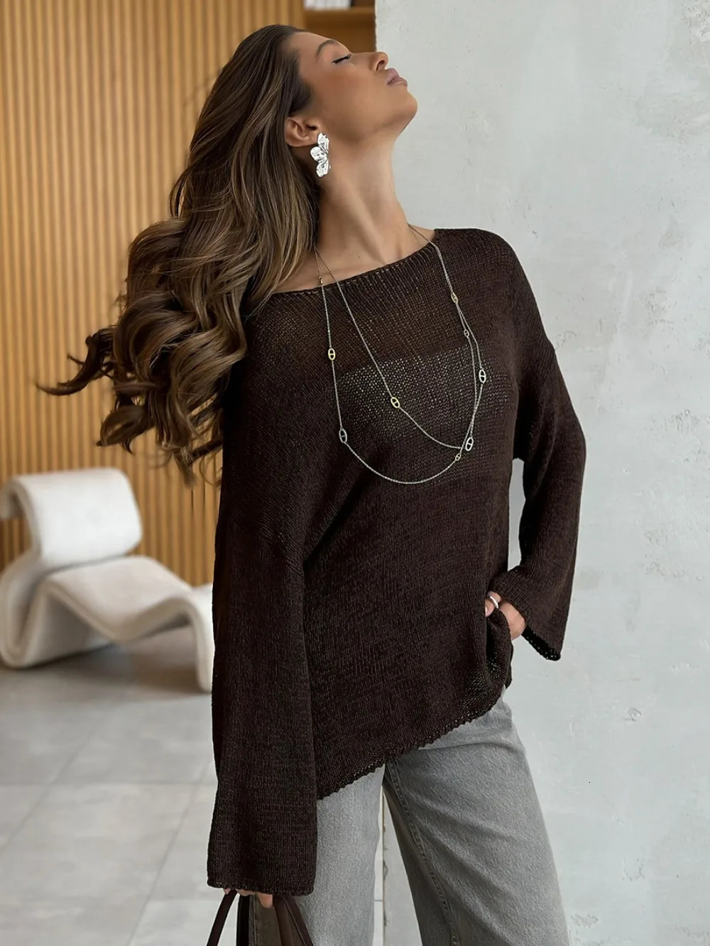 Simple Long Sleeved Cotton Knit Sweater Spring and Summer Women Micro Perspective Solid Color Versatile Elastic Loose Casual Top 260325