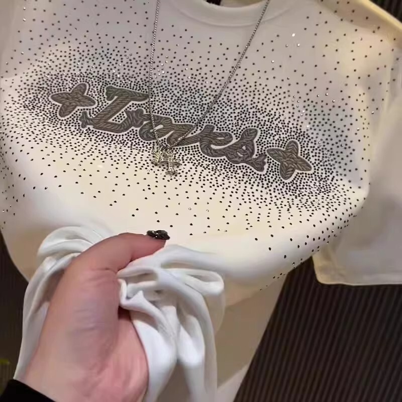 2026 New Style Men's Round-neck Short-sleeved T-shirt Featuring Crystal Decorations Designer Short-sleeved Multi-functional Letter Print Solid Co - view 7