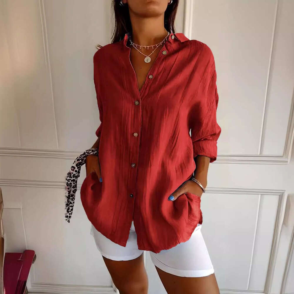 2026 New Single-Breasted Pleated Collar Shirt, Popular on Independent E-commerce Platforms, Women's Solid Color European and American Style Top w