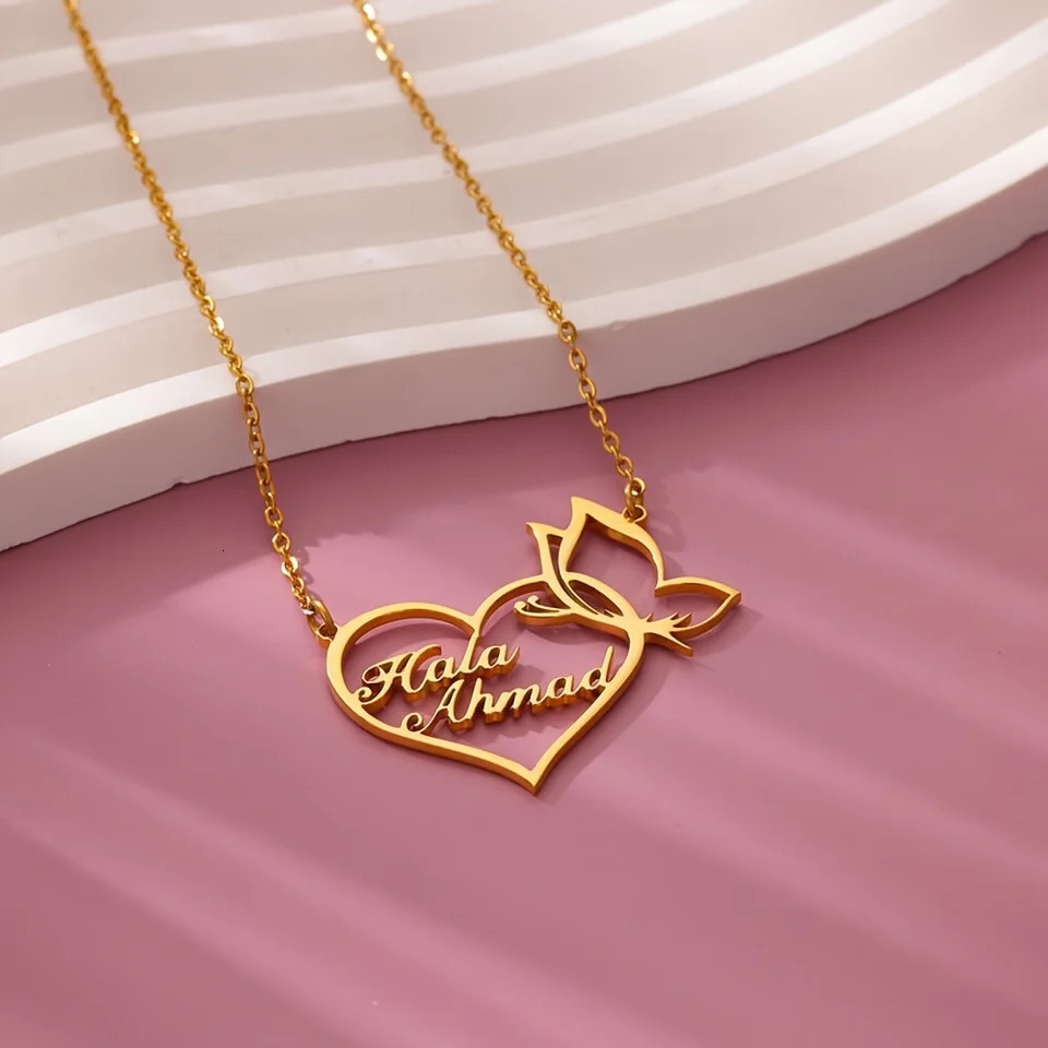Custom Double Name Necklace For Women Stainless Steel Heart Butterfly Personalized Nameplate Necklaces Romantic Couple Jewelry 260327