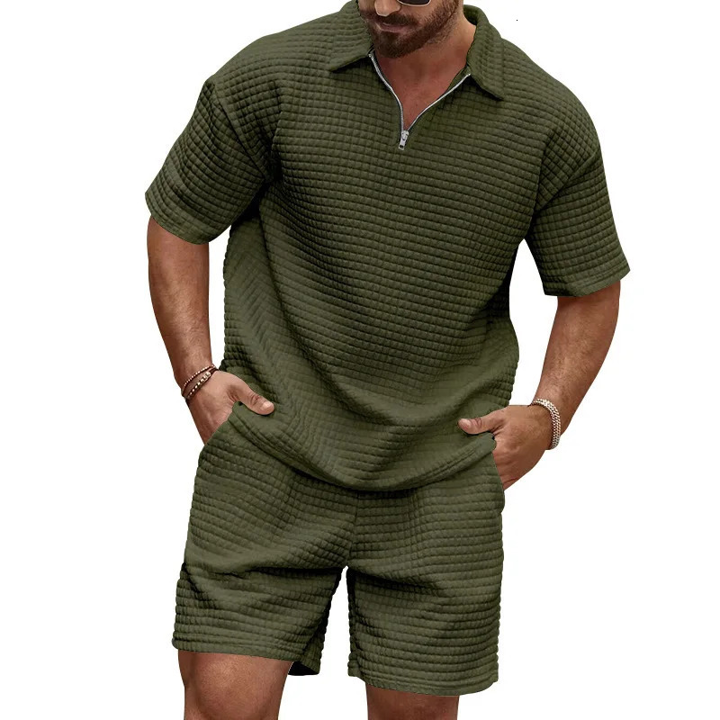 Olive Green Waffle Texture Mens Sets Half-Zip Polo Short Sleeve Shorts 2-Piece Suit Loose Casual Outfit 260324