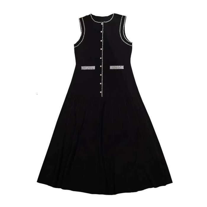 2026 Spring New French Elegant Color c1 blocked Pearl Decoration Sleeveless Black Medium length Knitted Dress