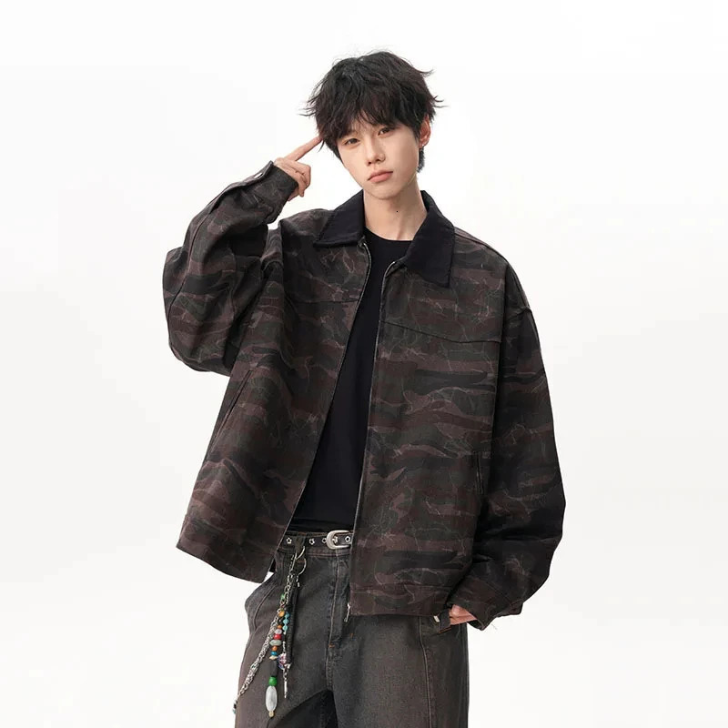 American Style Green Black Camouflage Lapel Mens Jacket Versatile Casual Zipper Coat 2026 Spring Male Clothing 260327