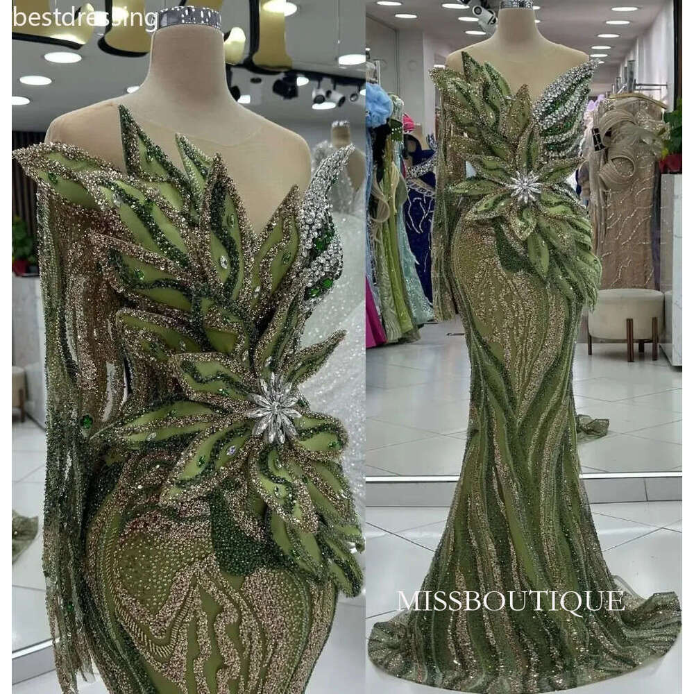 2025 Plus Size Olive Green Prom Dresses Special Occasions Florals Rhinestones Sequined Evening Party Birthday Gowns Dress For Women Vestidos De Novia 