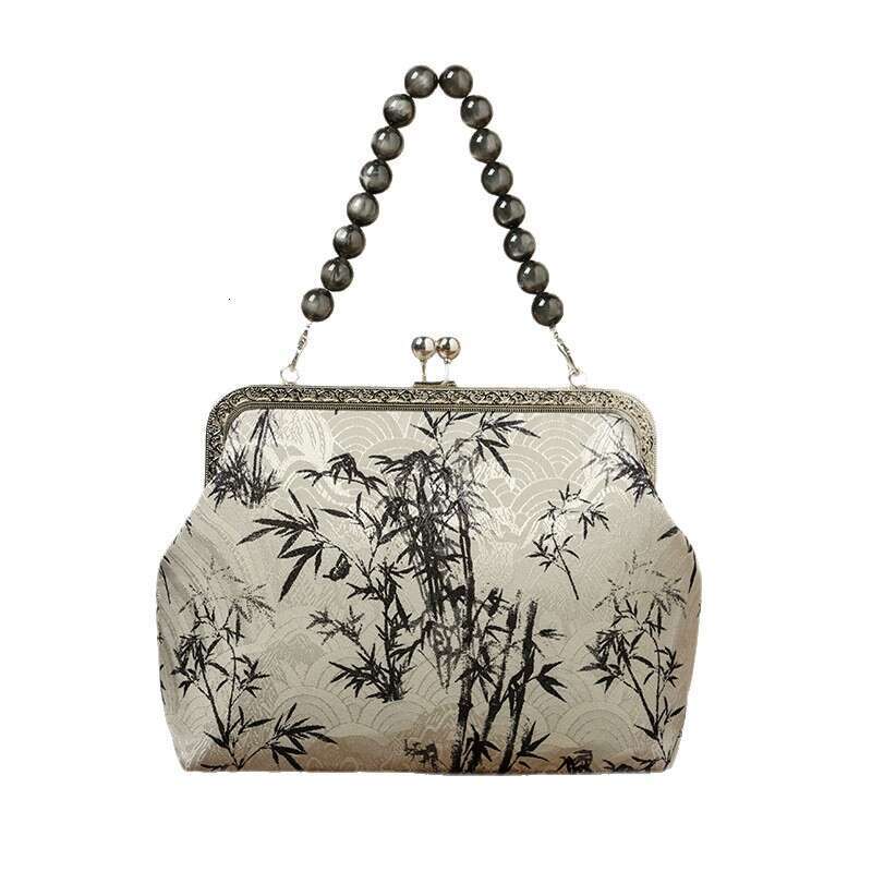 Ink-Dyed Bamboo Branch Chinese Style Hanfu Cheongsam Print Beaded Handbag Chinese Embroidery Fashion Bag Tote