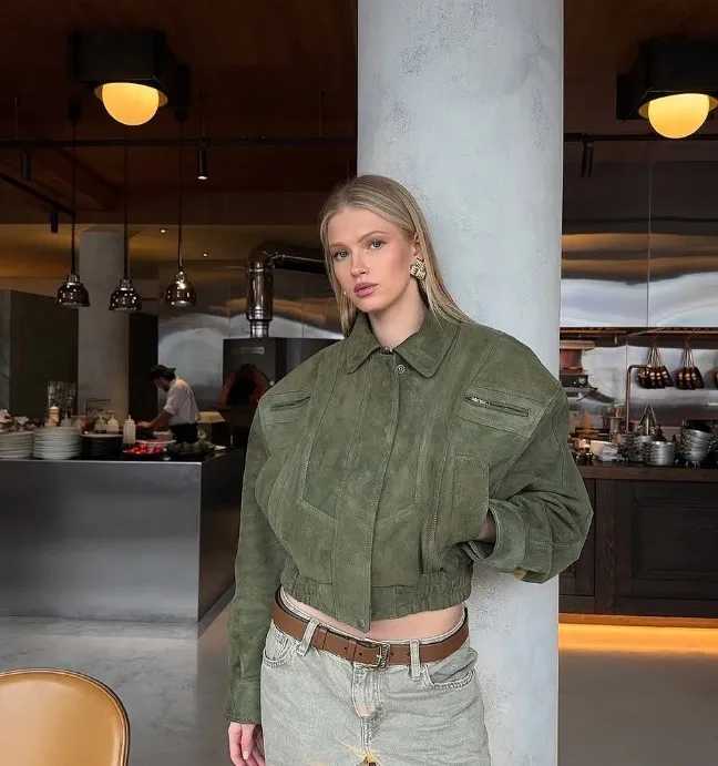 Brown Retro Suede Lapel Zippered Short Jackets Womens Casual Full Sleeves Pocket Loose Coats 2026 Spring Daily Commute OutwearT260328