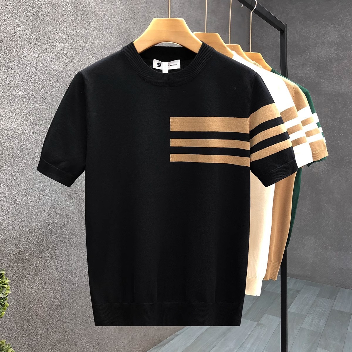 Mens Designer T Shirt Tops Ice Silk Knitted Short Sleeves T Shirt Striped Slim Fit Men Clothings Street Clothes High quality Fashion Tees Business Cas