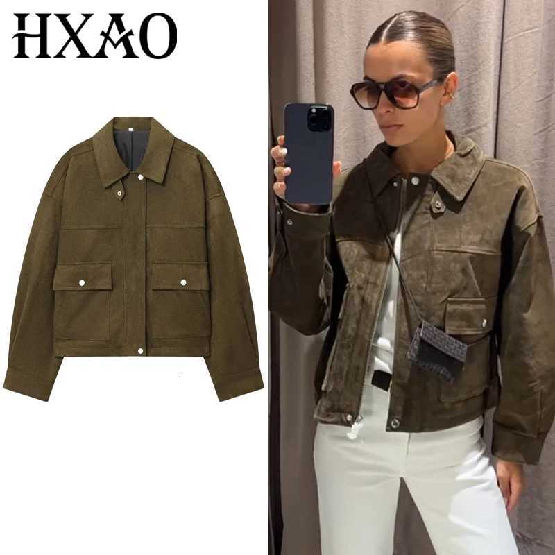 HXAO Green Faux Suede Jacket Womens Bomber Jacket Autumn 2025 New In Coats Jackets Chic Elegant Pockets Long Sleeve OuterwearT260328