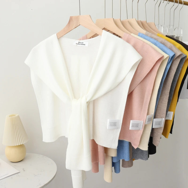 Korean Summer Air Conditioning Fake Collar Neck Guard Scarf Female Knit Thin Autumn Knotted Cape Sunscreen Shawl For Women 260325