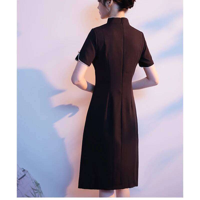 Traditional Chinese Red Black Apricot Embroidery Cheongsam Summer Short Sleeve Young Dress Modern Qipao New Year CNY MAKOUFEI