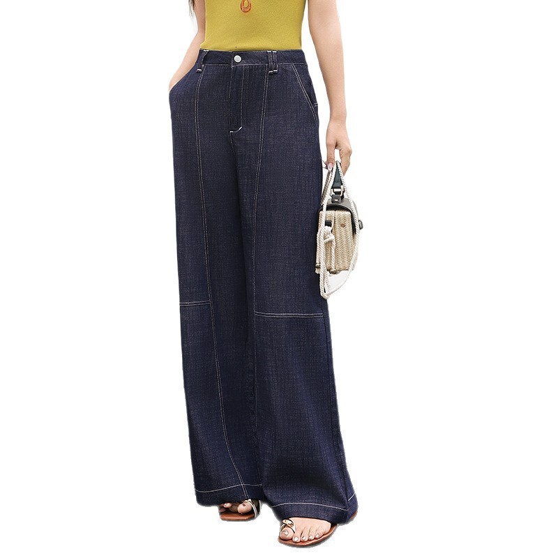 New women's curved hem pants, vintage-style with visible stitching, skin-friendly lining, breathable and slimming wide-leg jeans