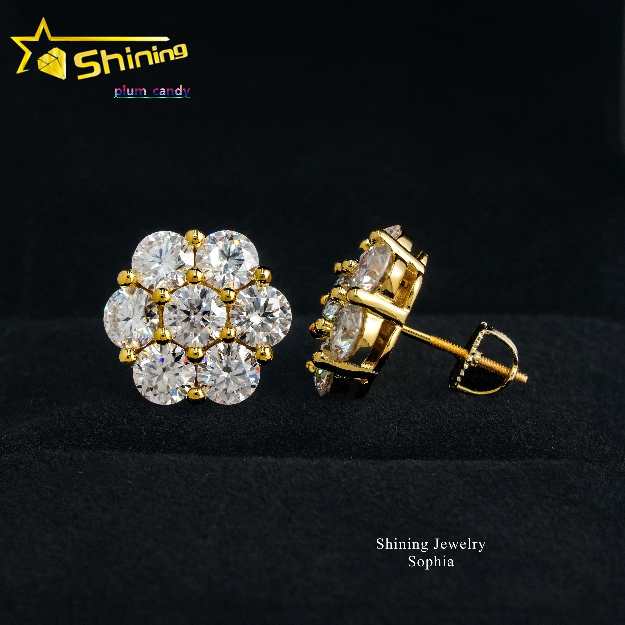 Shining Hot Top Selling Pass Diamond Tester Fine Jewelry 925 Silver 8mm 12mm 15mm Flower Earrings VVS Moissanite Stud Earrings