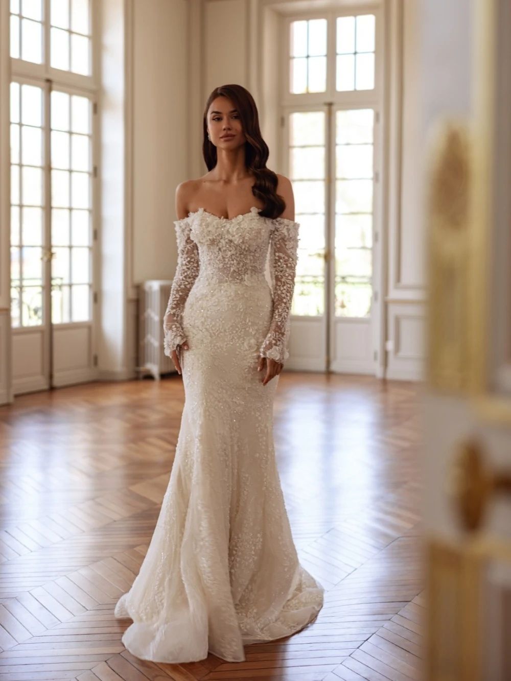 Gorgeous Off Shoulder Wedding Dresses 3D Flowers Bridal Gowns with Detachable Train Long Sleeves Mermaid Customized Vestidos De Novia Plus Size ZD10