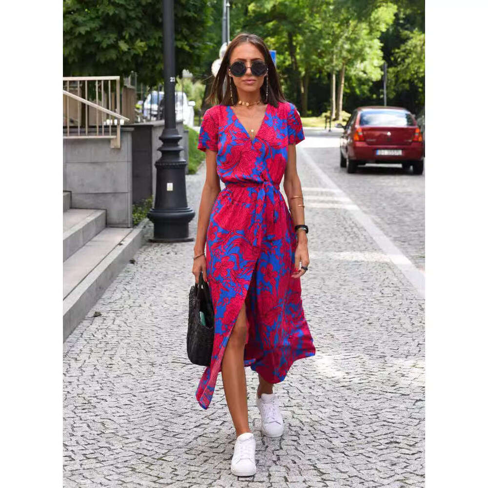 Cross-border women's clothing European and American holiday polka dot print tie-waist V-neck mid-length short-sleeve dress