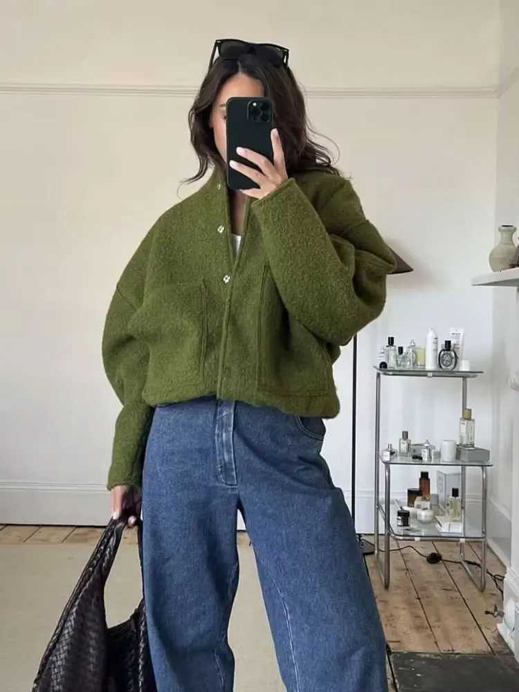 Women Fashion With Pockets Oversized Bomber Jacket Coat Vintage Long Sleeve Snap Button Female Outerwear Chic TopsT260328