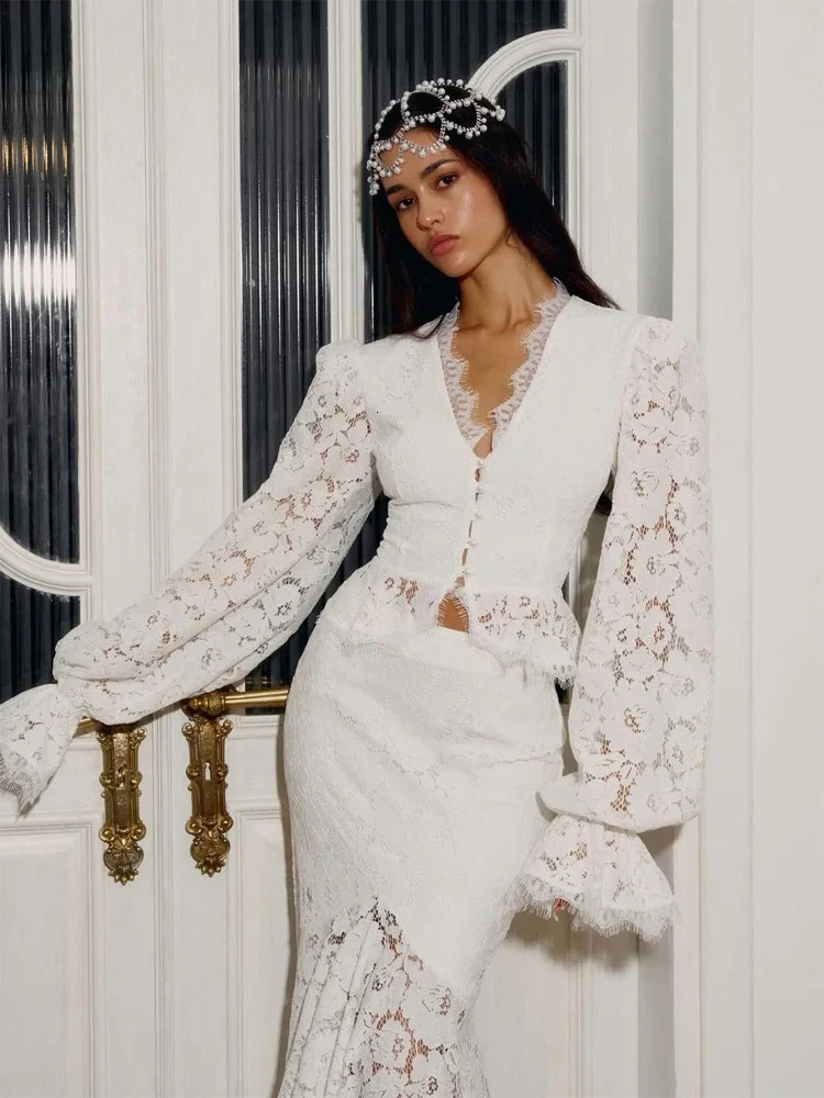 White Lace Patchwork Long Skirt Set Women Chic Full Flared Sleeves V-neck Slim Cropped Sets 2026 Lady Spring Evening Party Wear 260327