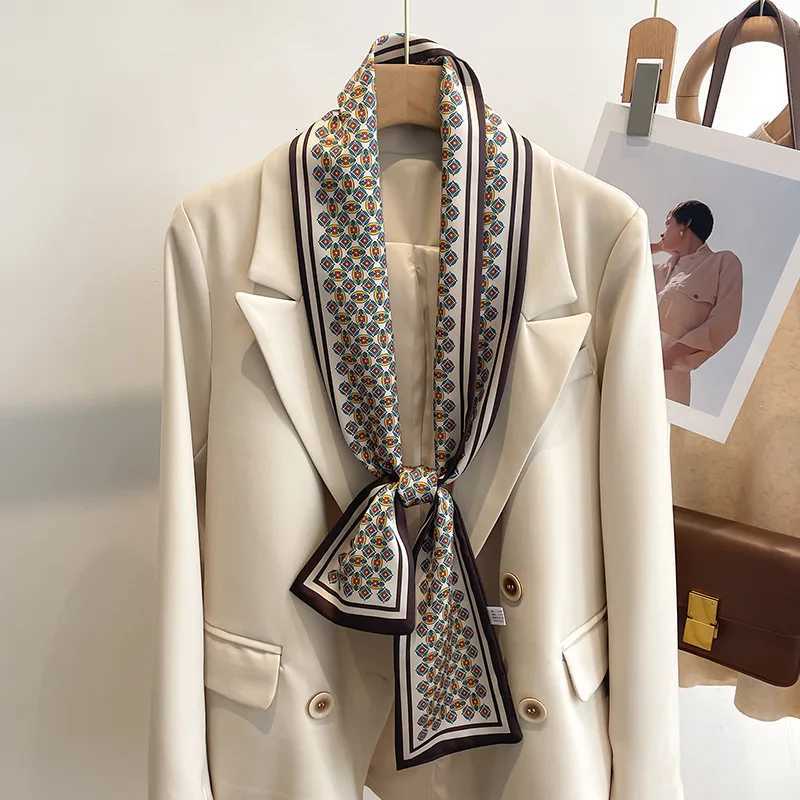 Green small silk scarf for women Korean small scarf long spring autumn summer thin style fashionable shirt thin and narrow strip Z260330