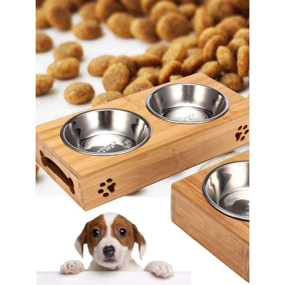 Pet Bear Bamboo Plate Natural Durable Safety Wood Stainless Steel Cat Dog Utility Double Bowl 26W0330