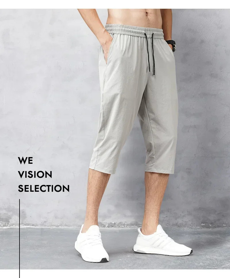34 Length Mens Shorts Quick Drying Ice Silk Summer Breeches Male Long Calf Bermuda Board Beach Elastic Big Size Nylon Stretch 260330