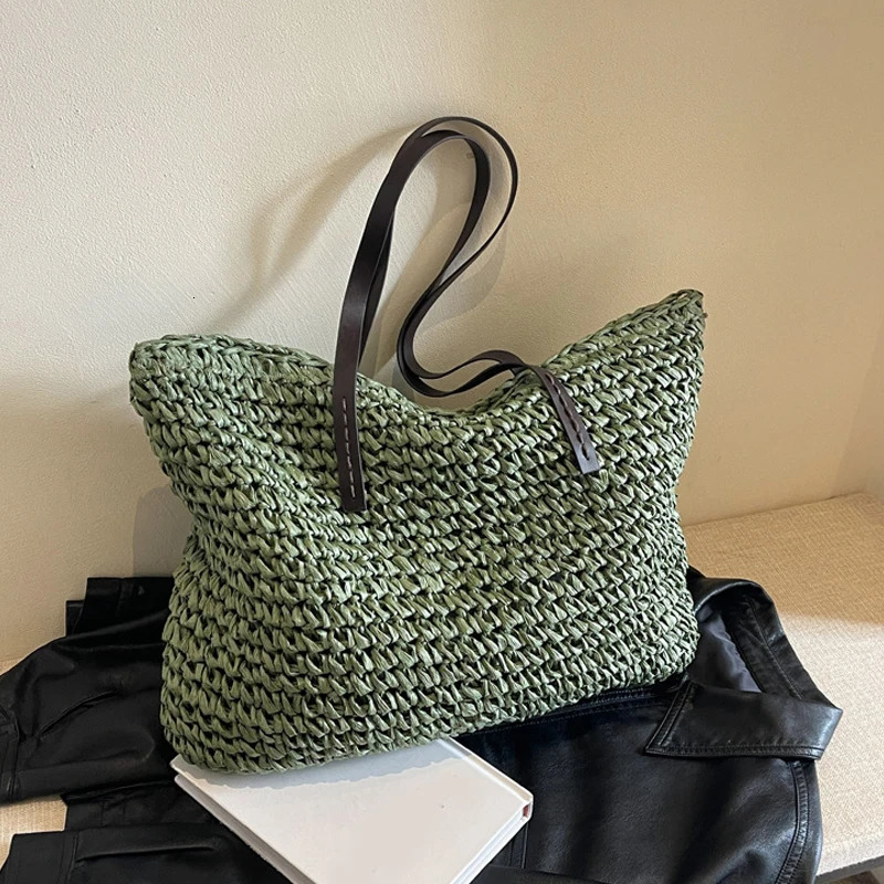 Straw Woven Tote Bags Casual Large Capacity Handbag Beach Shoulder Simple Womens Bag Shopping Summer bolsos260316